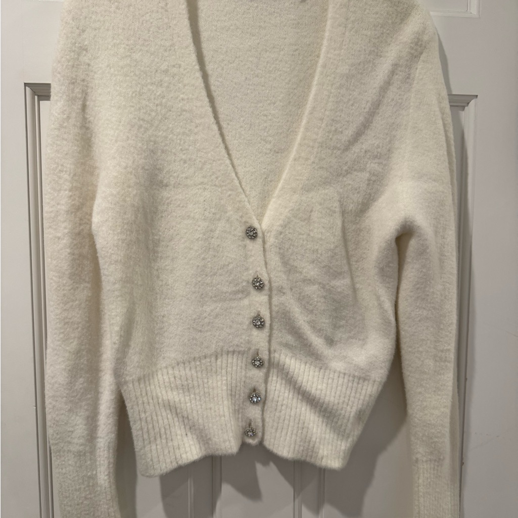 Zara White Cardigan Sweater With V-Neck And Ribbed Texture